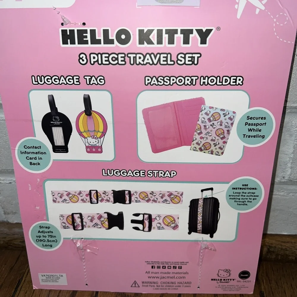 Hello Kitty 3 Piece Travel Set Passport, Luggage Tag, Luggage Strap